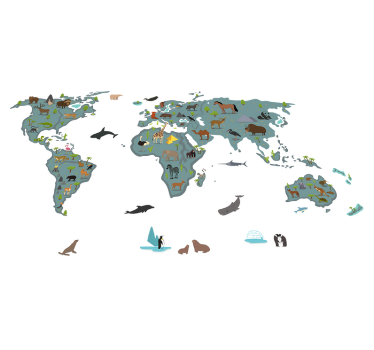 World map vinyl rug in bright colors with animals - TenStickers