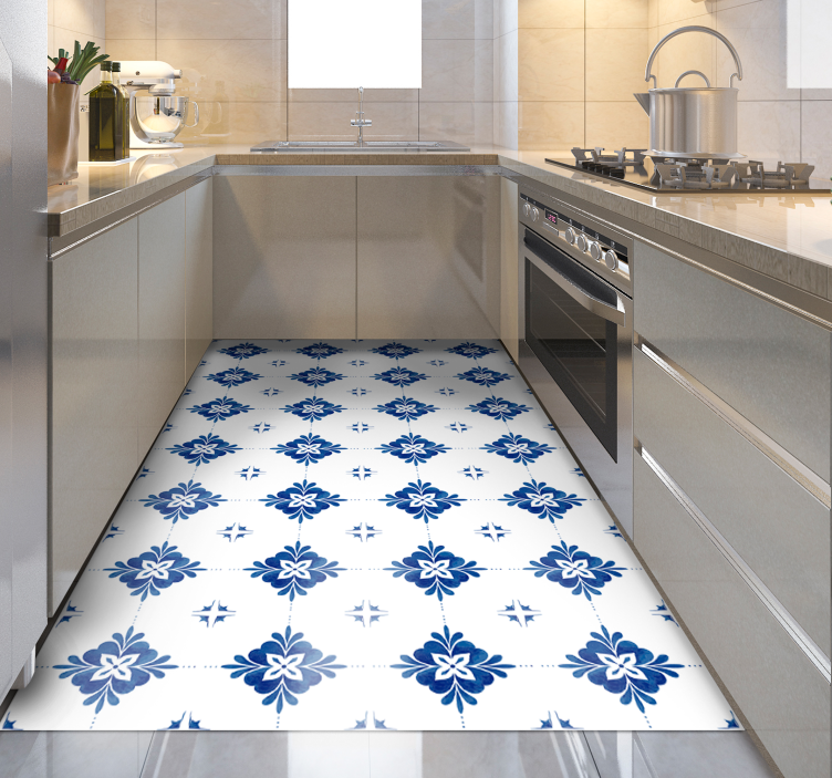 Blue Floral Motif tile vinyl rug - TenStickers