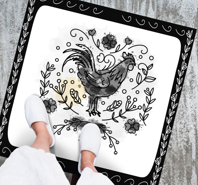 Black floral rooster animal vinyl rug - TenStickers