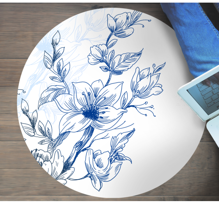 Blue botanical sketch vinyl rug flowers - TenStickers