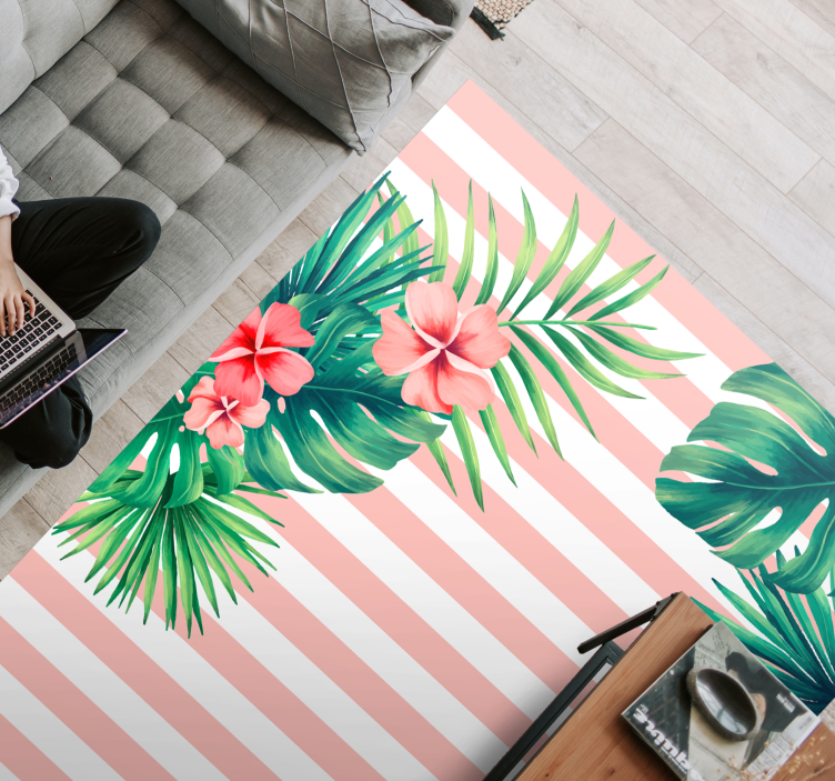 Tropical Flora Stripe vinyl rug flowers - TenStickers