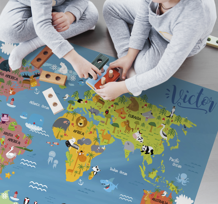 Vinyl rug for kids World Map with animals - TenStickers