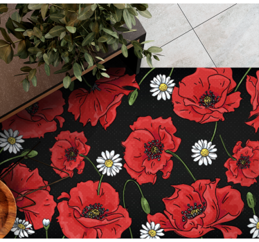 Red poppies on black background  flower rug - TenStickers
