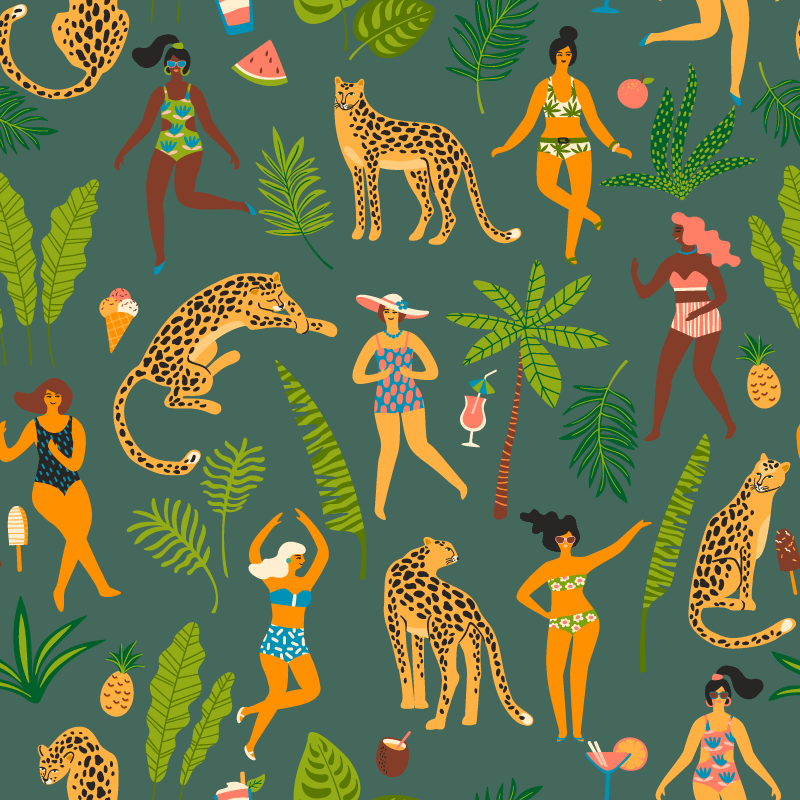 Women with leopard background animal vinyl rug - TenStickers