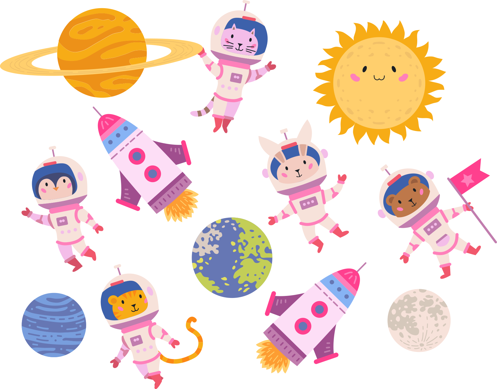 Animal vinyl rug featuring animal astronauts with rocket - TenStickers