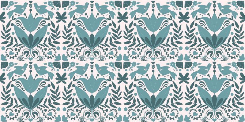 Vinyl rug flowers blue folk art with birds - TenStickers