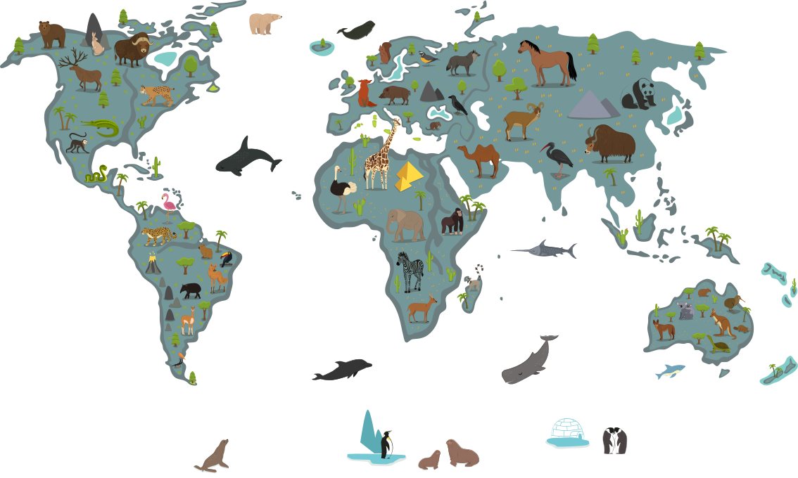 World map vinyl rug in bright colors with animals - TenStickers