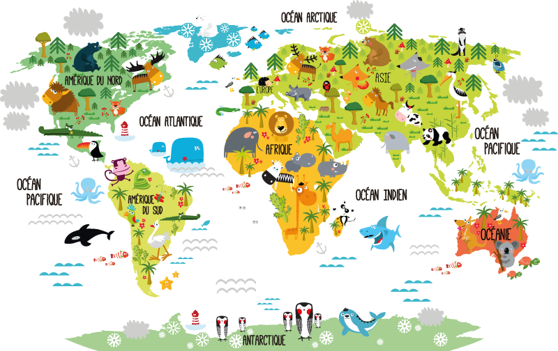 World map vinyl rug animal world map for kids - TenStickers