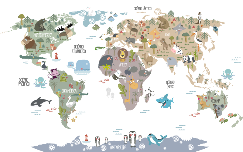 World map vinyl rug pastel animal design - TenStickers