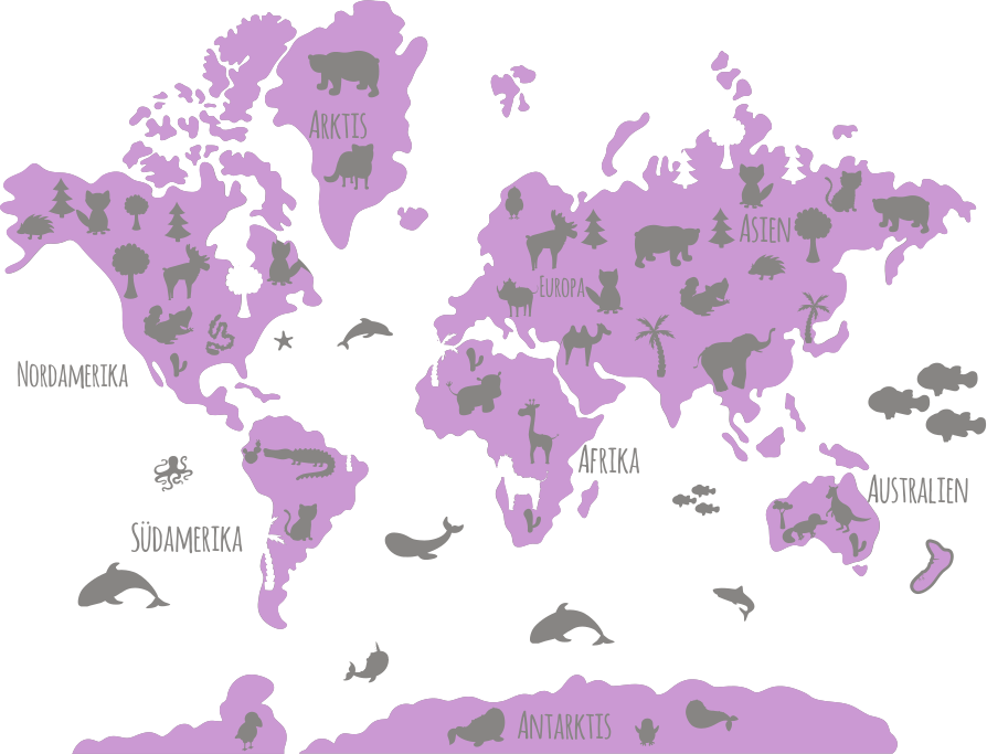 World map vinyl rug in pink and grey animal design - TenStickers