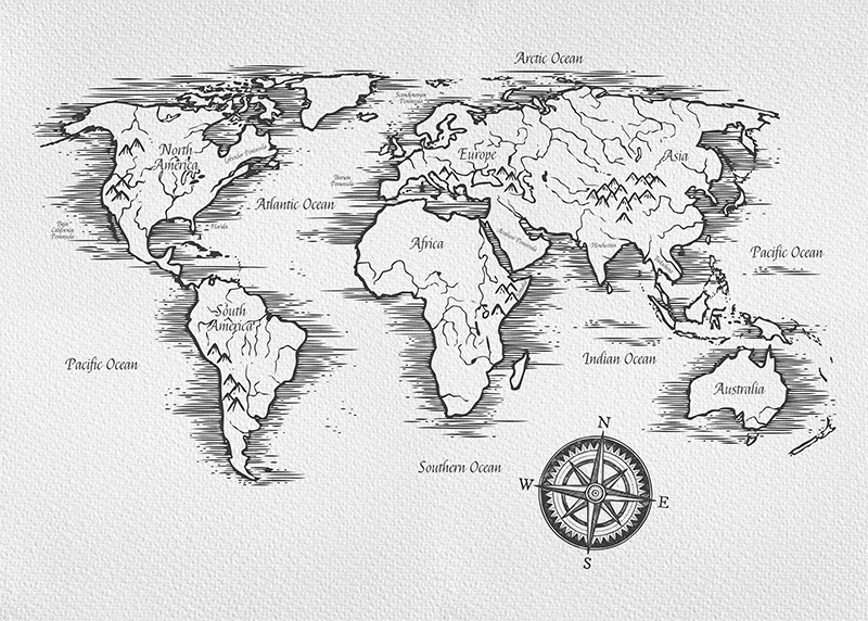 World map vinyl rug elegant worldmap drawing - TenStickers