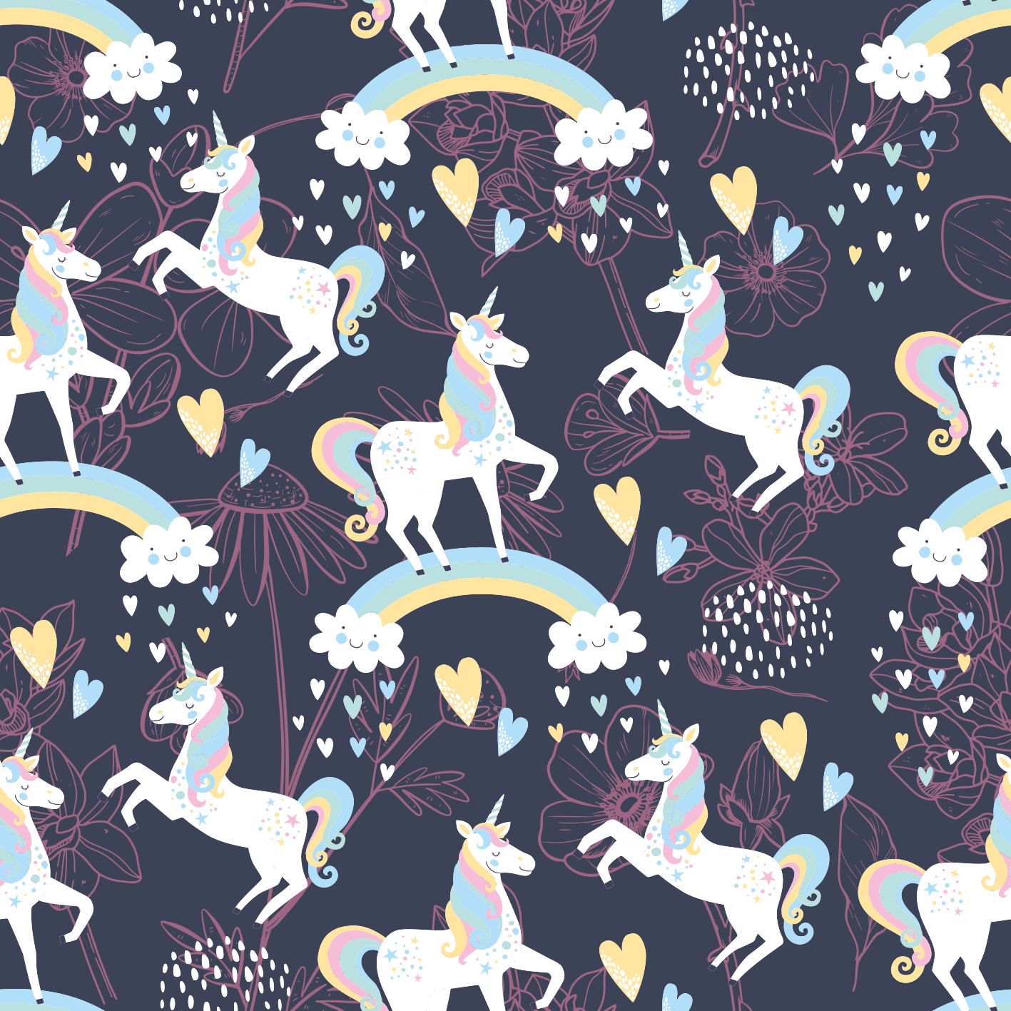 Kids vinyl rug with pink unicorns on dark background - TenStickers