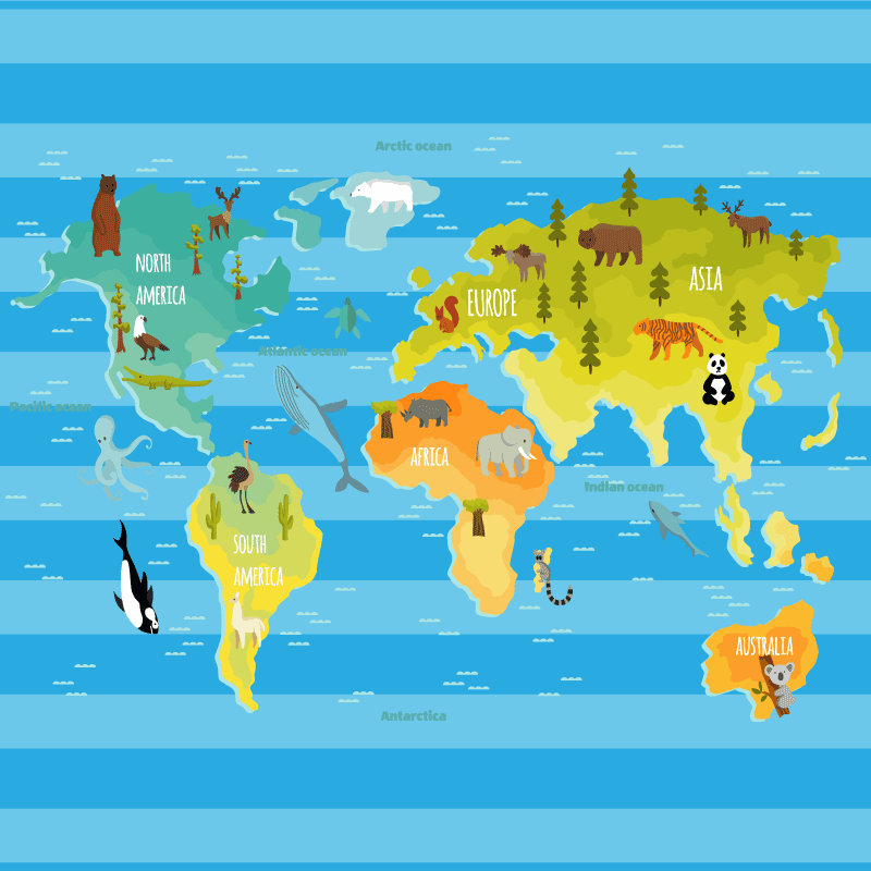 Typical animals in the continents world map rug - TenStickers