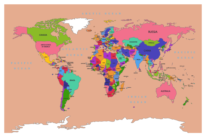 World map vinyl rug in beige overview - TenStickers