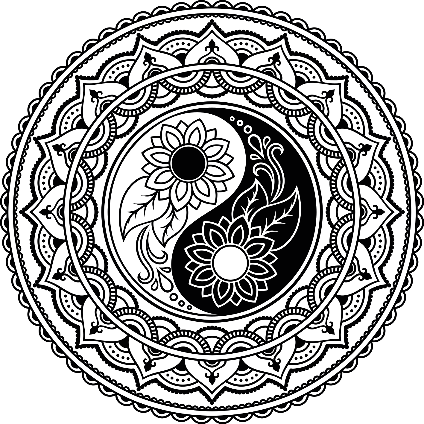 YIN YANG SUNFLOWERS mandala vinyl rug - TenStickers