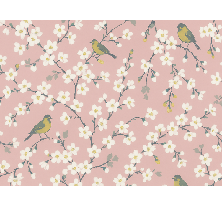 Flower wallpaper pink orchard birds - TenStickers