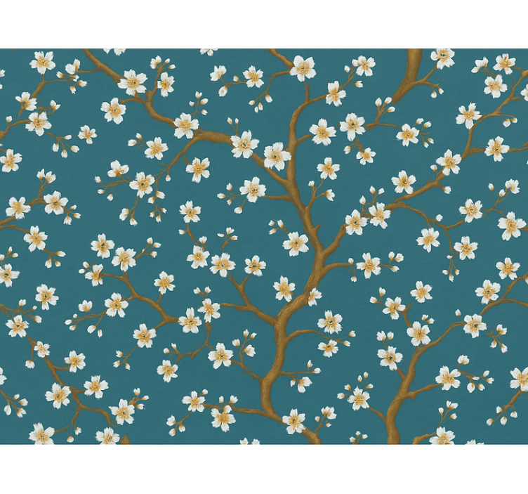 Flower wallpaper golden blossom teal - TenStickers