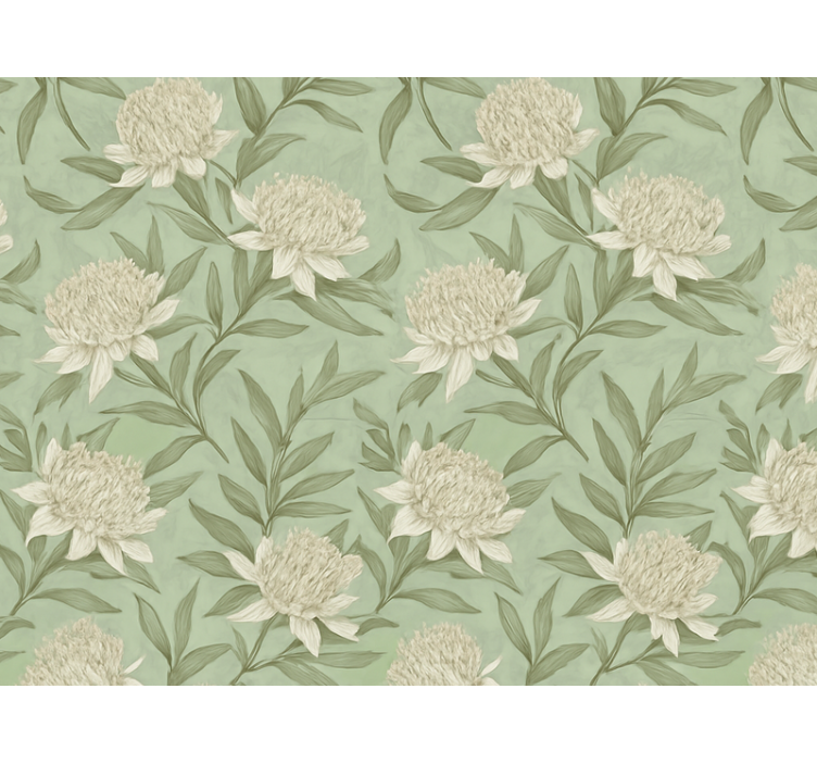 Living room wallpaper white protea-style flowers - TenStickers