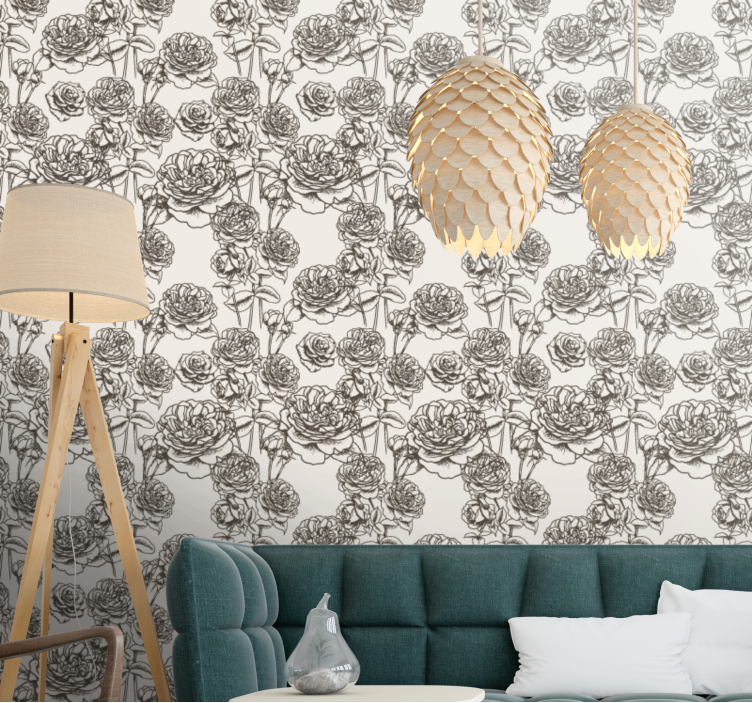Black and white flowers pattern wallpaper - TenStickers