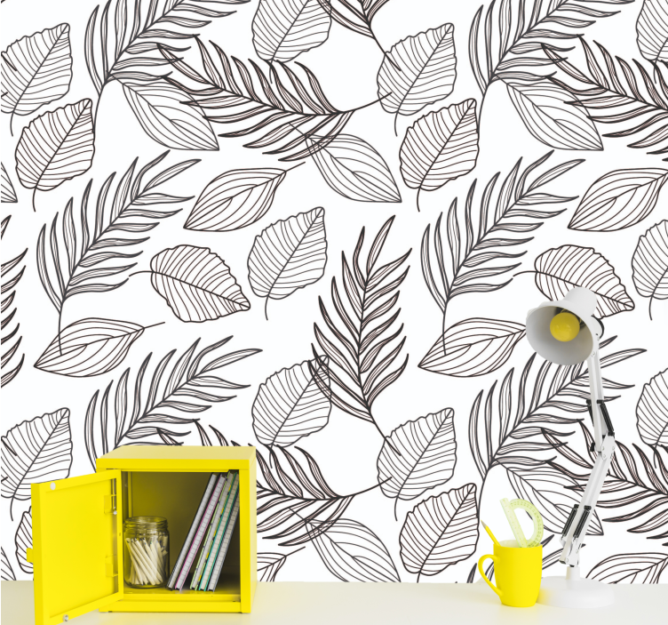 Black and white thin lined leaf wallpaper - TenStickers