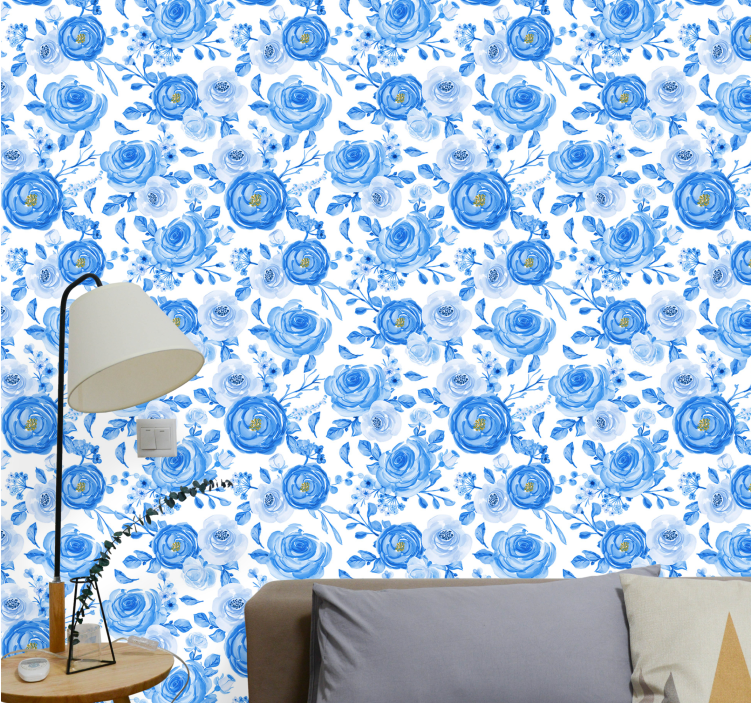 Blue Rose Pattern flower wallpaper - TenStickers