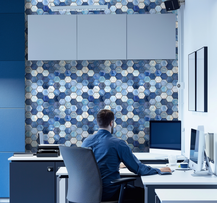 Blue tiles effect office wallpaper - TenStickers