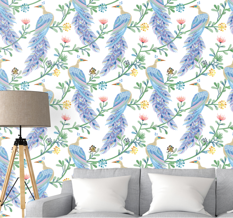 Elegant blue feathered motif birds wallpaper - TenStickers