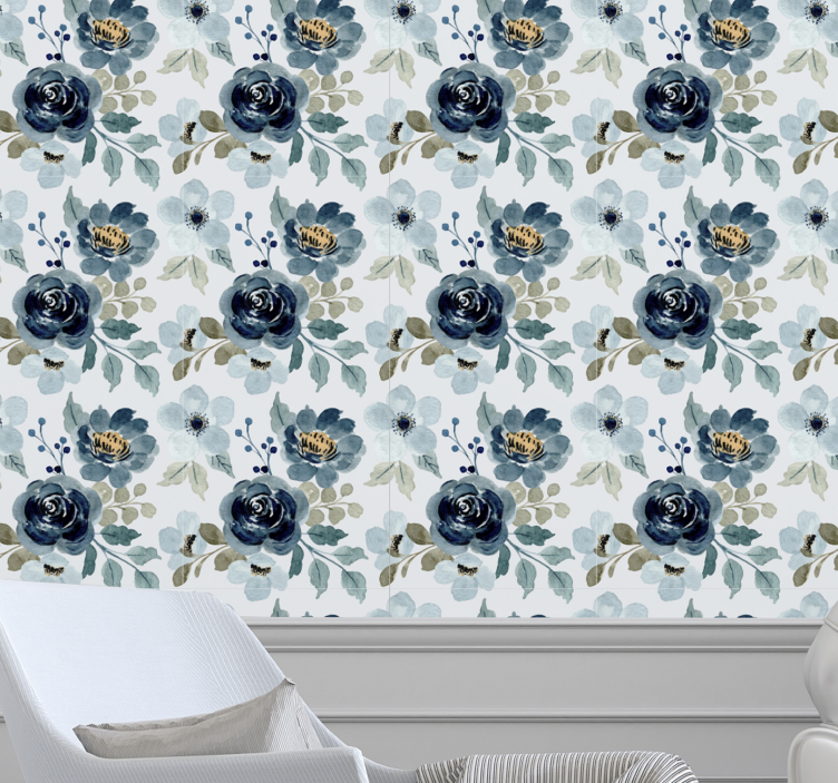Floral blue vintage pattern flower wallpaper - TenStickers