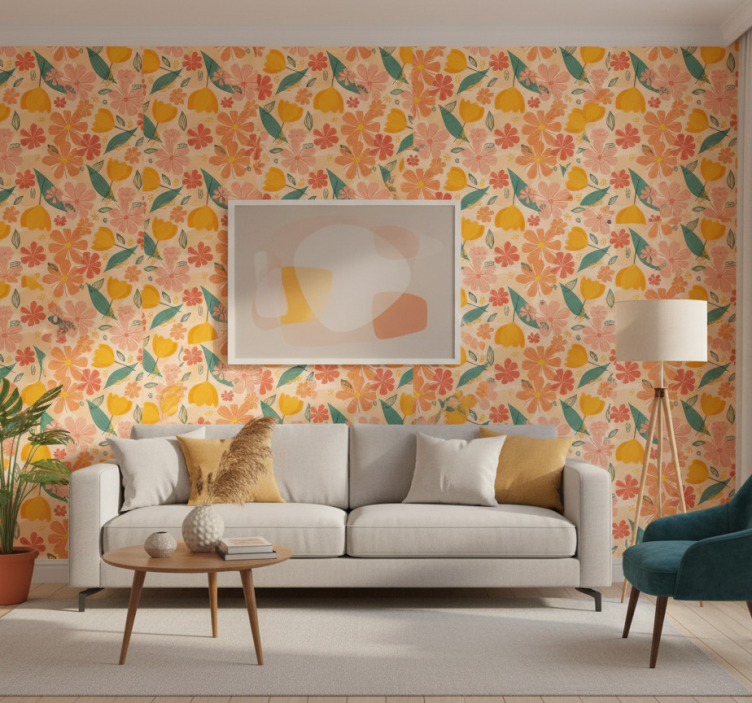 Flower wallpaper with colorful vintage leaves and flowers - TenStickers