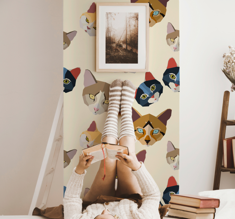 Geometric illustrated funny faces of cat wallpaper - TenStickers