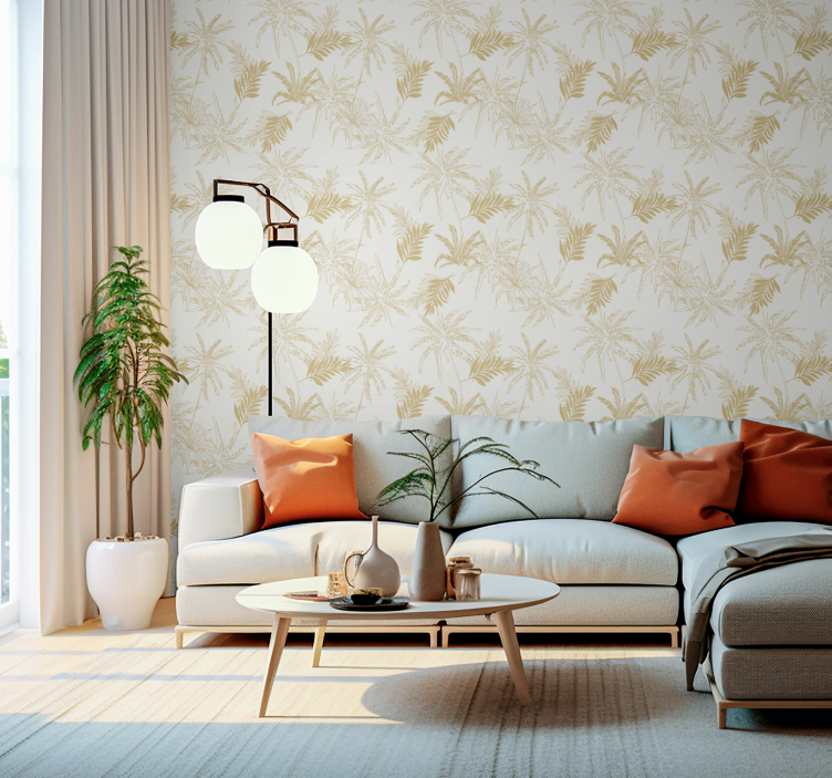 Golden tropical leaves Living room wallpaper - TenStickers