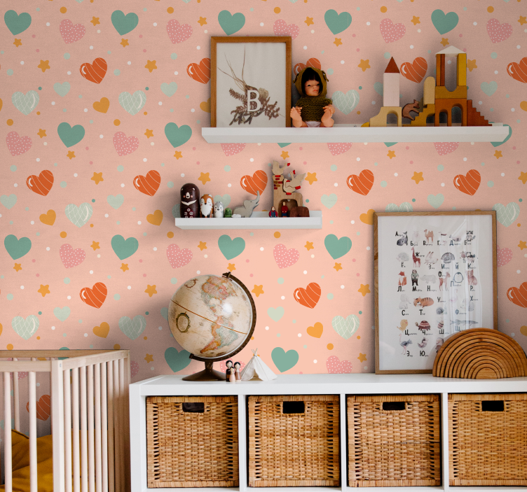Hearts and stars pattern nursery wallpaper - TenStickers