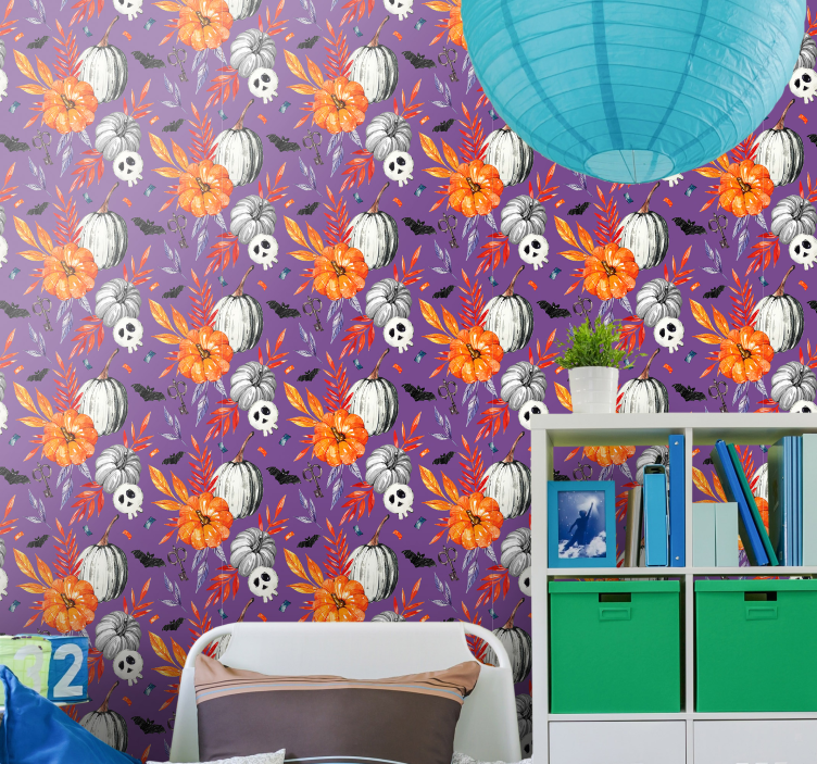 Orange Floral Skulls halloween wallpaper - TenStickers