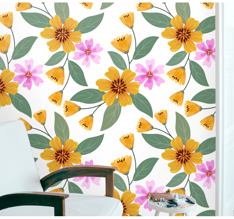 Pink and yellow floral pattern wallpaper - TenStickers