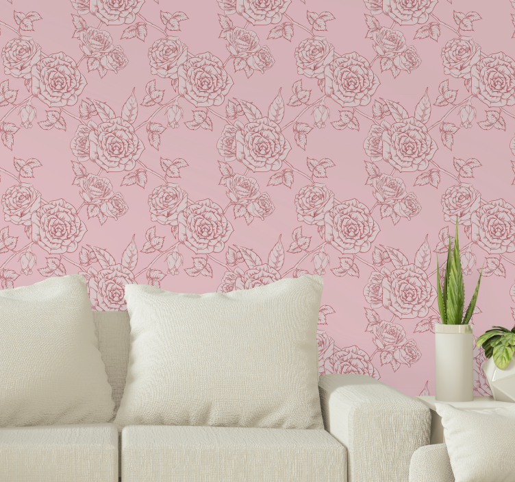 Pink background with red roses flower wallpaper - TenStickers