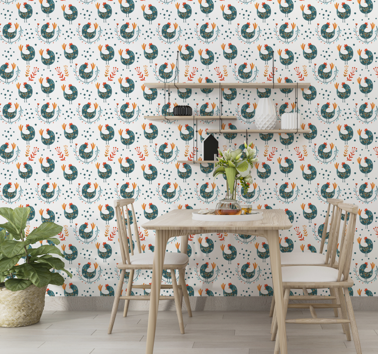 Seamless folk chicken pattern wallpaper - TenStickers