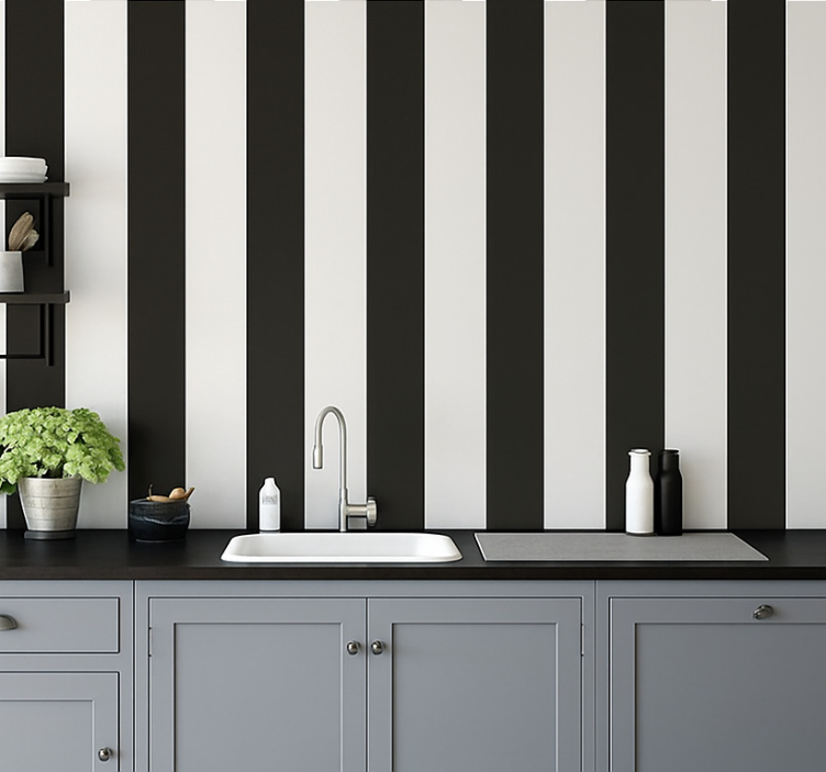 White and black stripes kitchen wallpaper - TenStickers