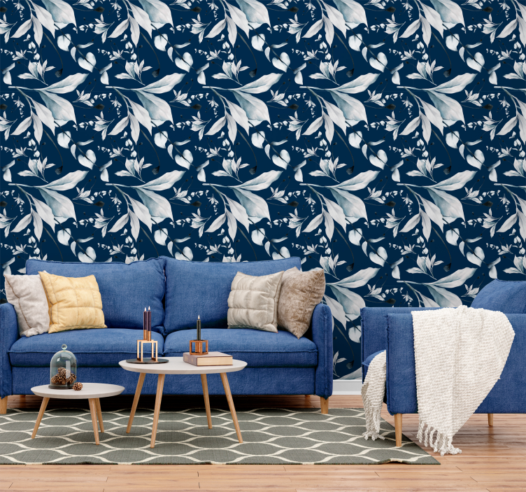 White leaves navy blue wallpaper - TenStickers