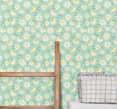 Daisy flowers on a green background Hallway and stairs wallpaper - TenStickers
