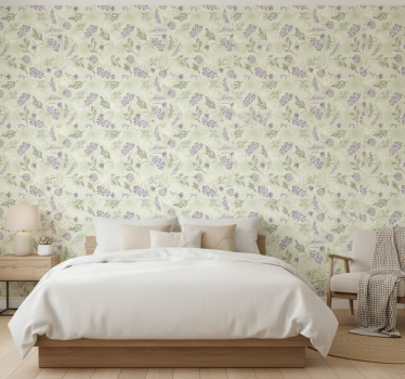 Flower wallpaper purple flowers on green background - TenStickers