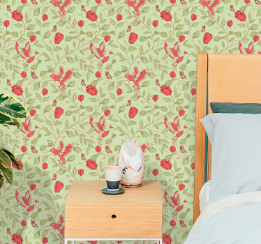 Red tulips pattern on green Bedroom Wallpaper - TenStickers
