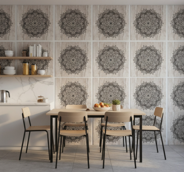 Tile wallpaper black mandala on wood - TenStickers